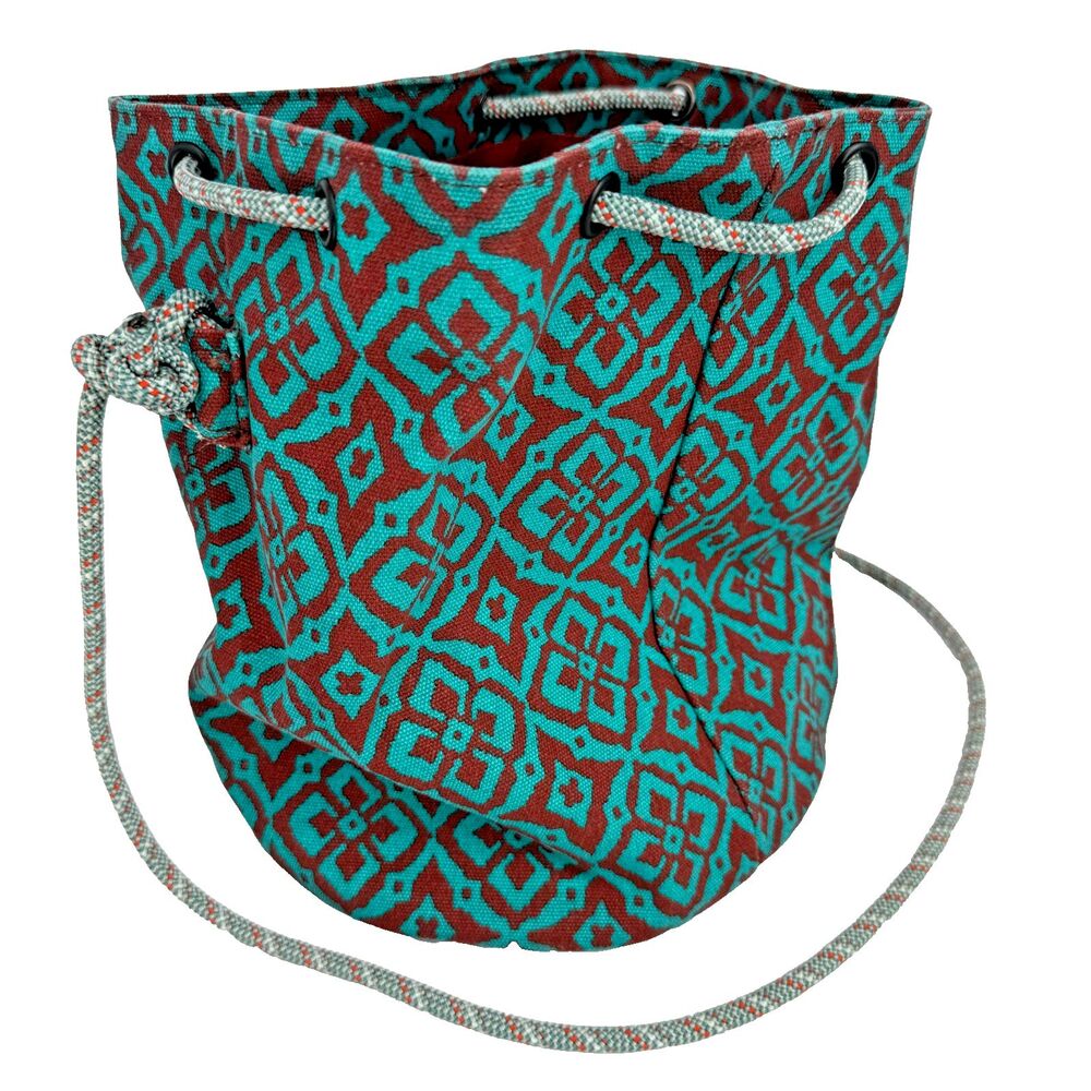 KAVU Canvas Drawstring Bucket Bag Teal Burgundy Geometric Pattern Rope Strap 9x9